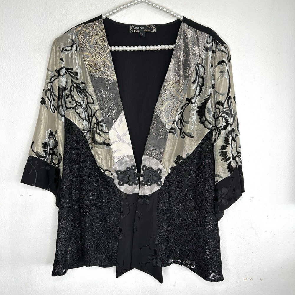 VTG Spencer Alexis Y2k Boho Kimono Top L  Asian‎ Art Velvet Lace Sheer Metal USA